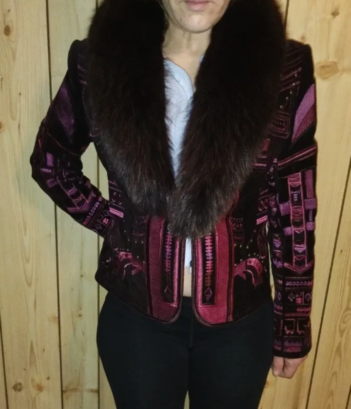 Embroidered Velvet Jacket with removable Faux Fur Collar