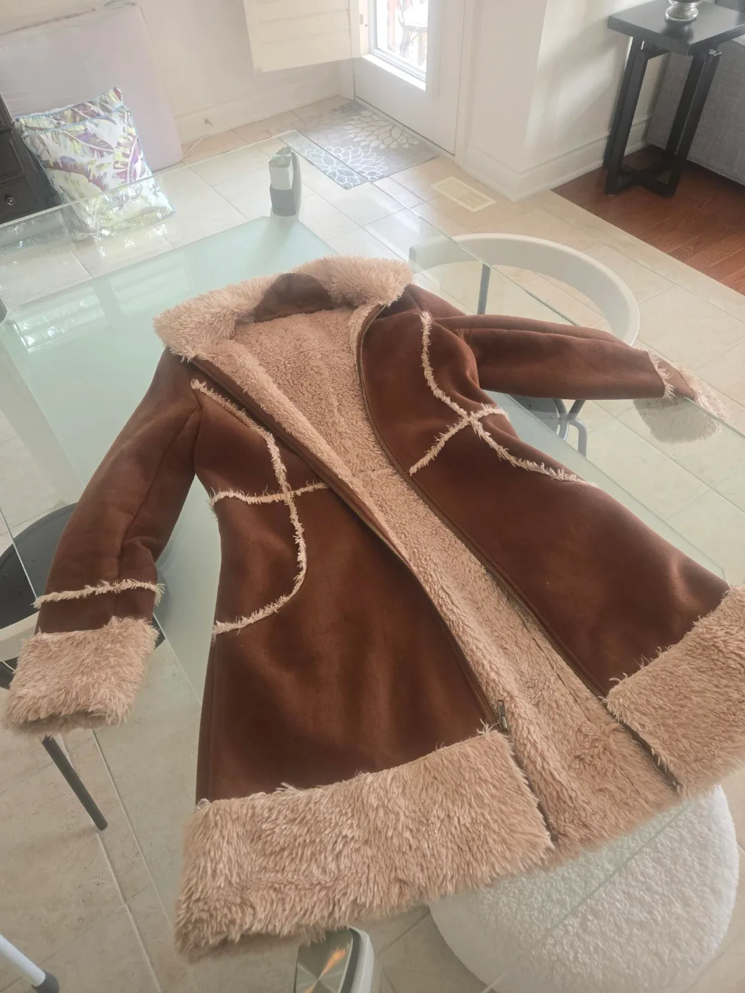 Brown Faux Suede & Fur Trim Coat #cleanout