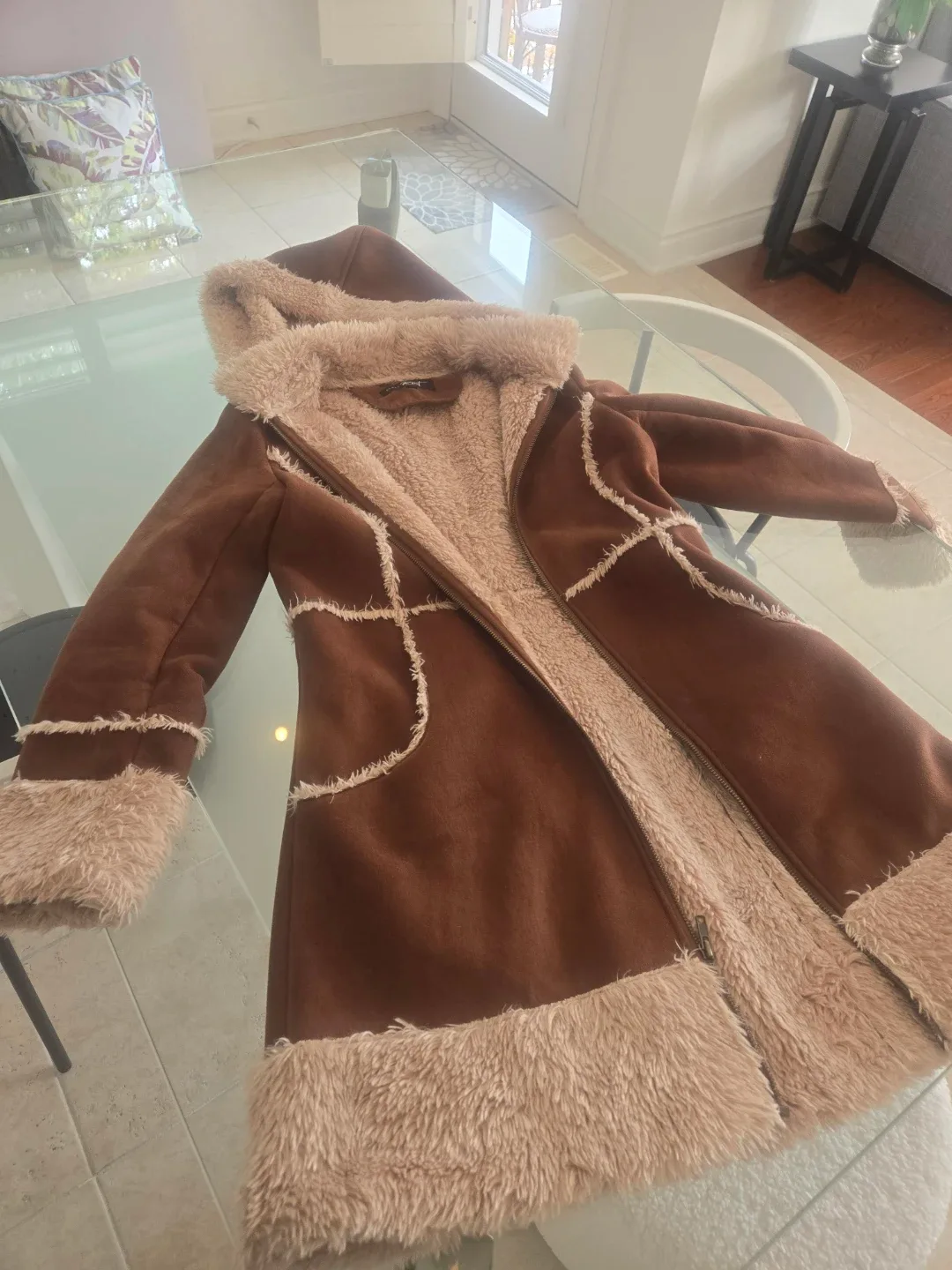 Brown Faux Suede & Fur Trim Coat #cleanout image indicator(3)