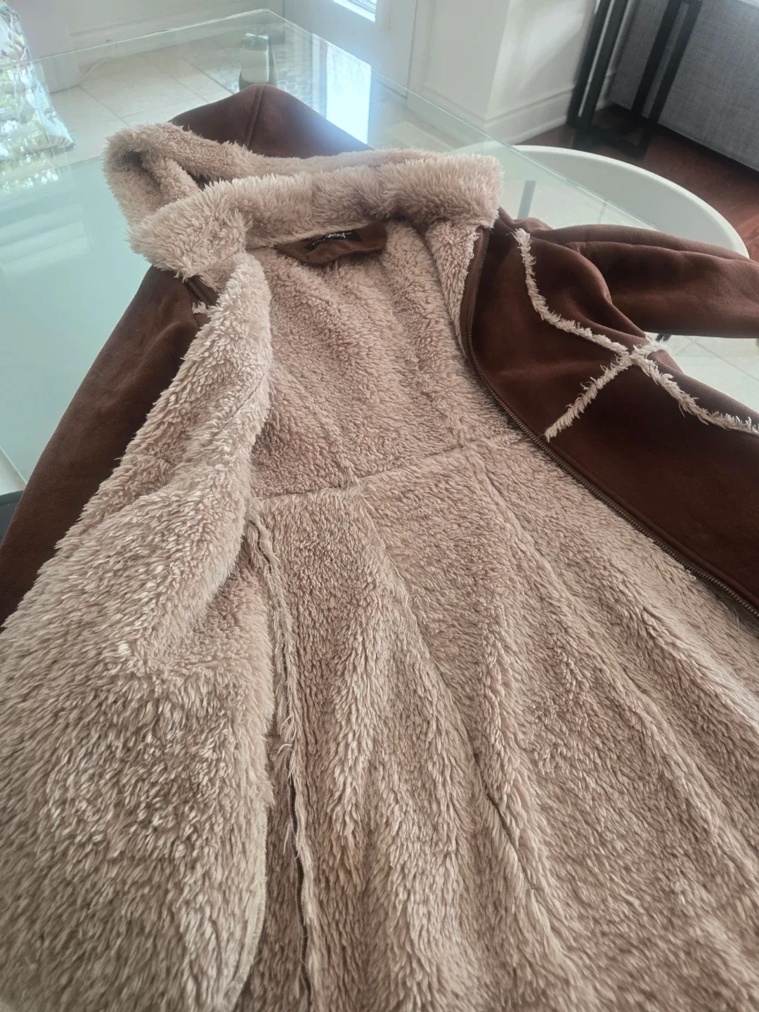 Brown Faux Suede & Fur Trim Coat #cleanout image indicator(4)