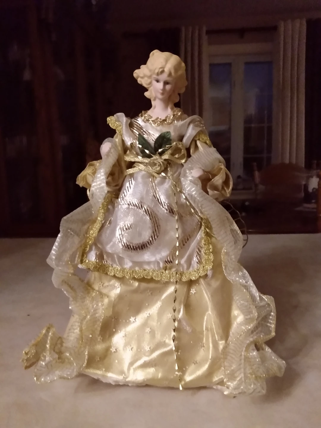 12"  Porcelain Angel Christmas tree topper in gold gown