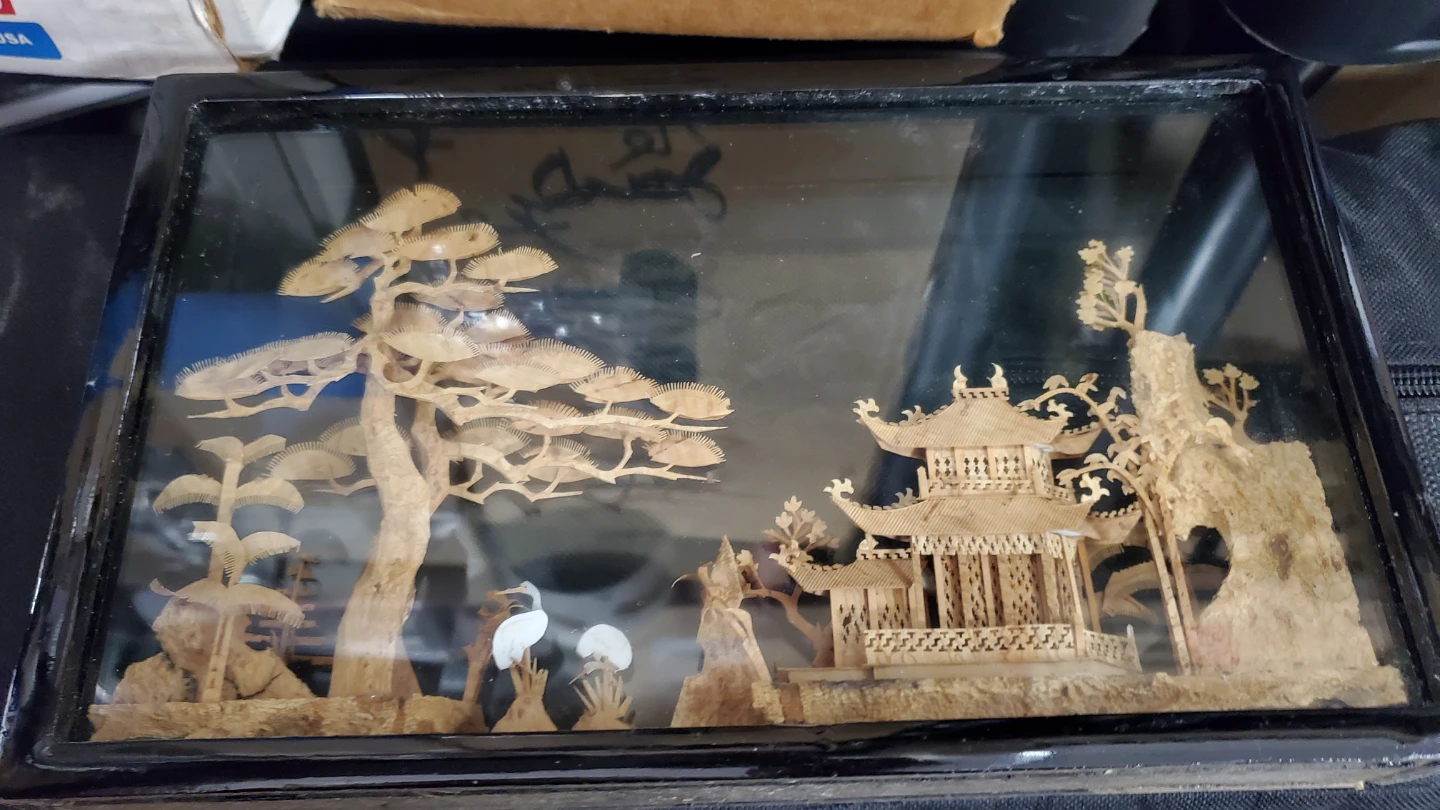Asian Carved Cork Art Shadow Box