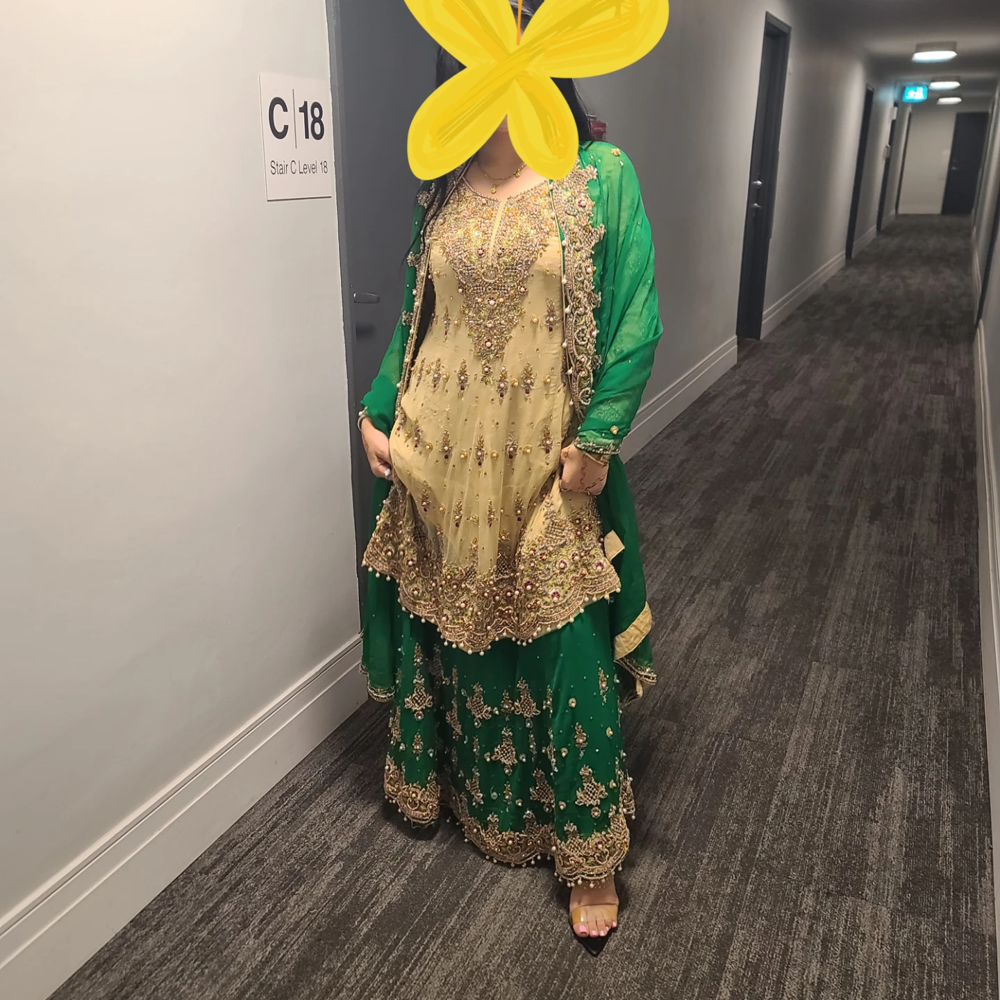 Beige and Green Lehenga with long Beige Choli/ Blouse - photo 2