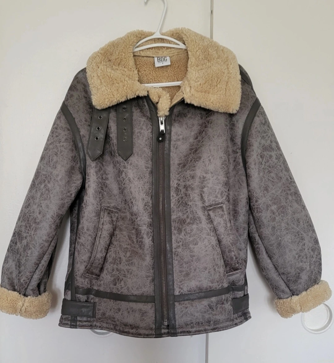 BDG Grey Faux Shearling Aviator Jacket