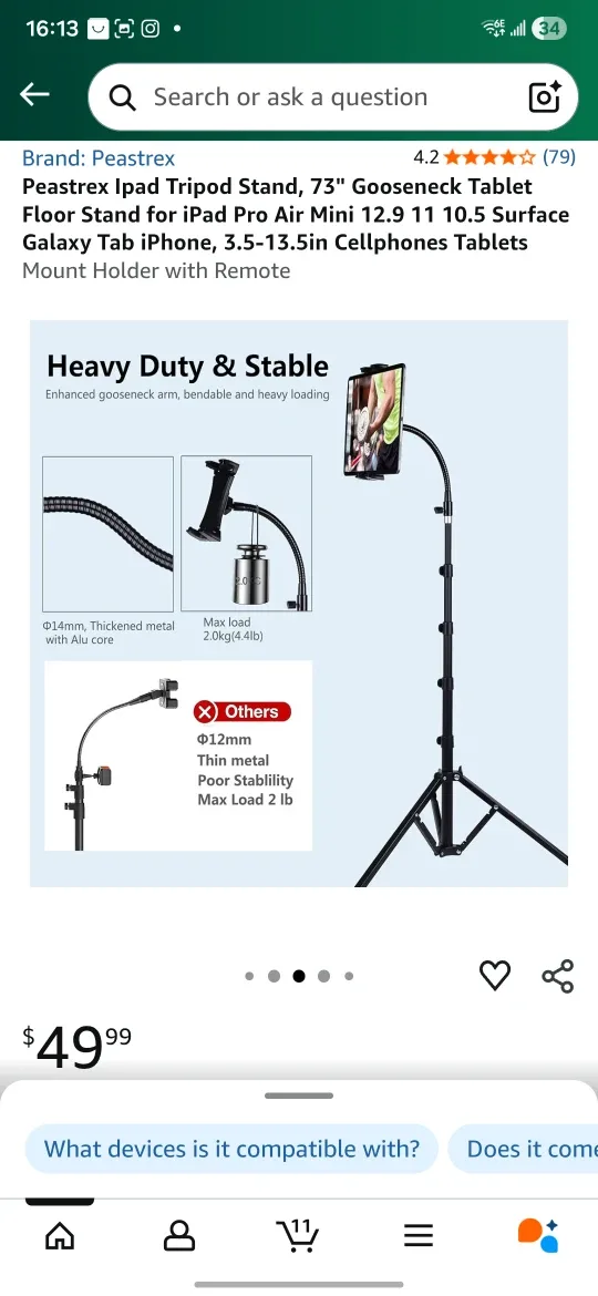 Peastrext iPad Tripod Stand, 73" Gooseneck Tablet Floor Stand
