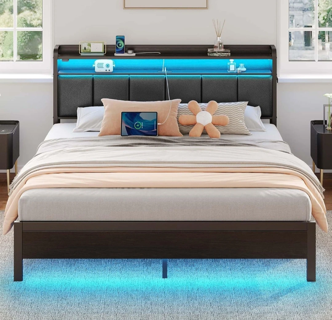 King Size Bed Frame with LED Lights and mattress
