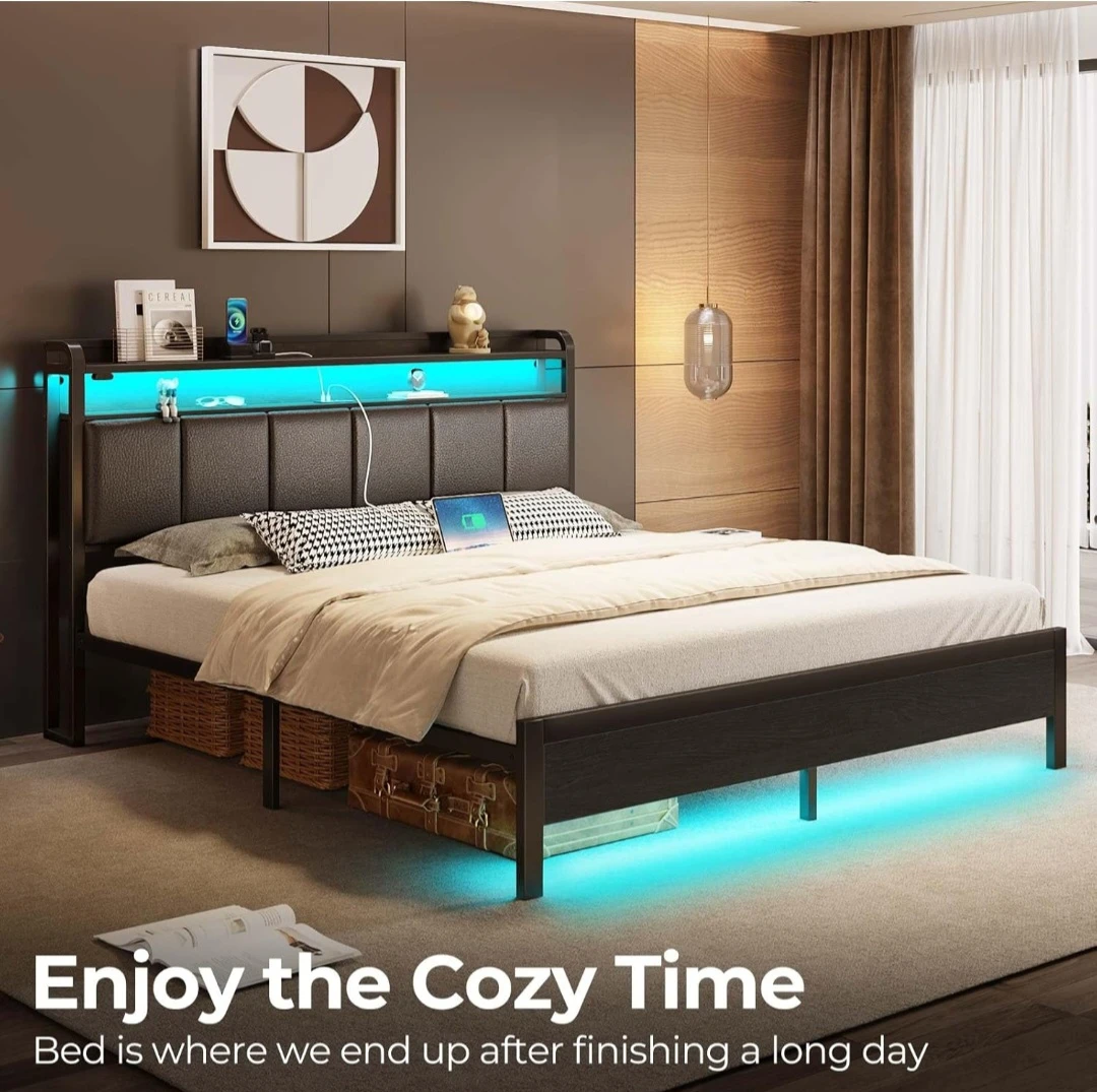 King Size Bed Frame with LED Lights and mattress - photo 4