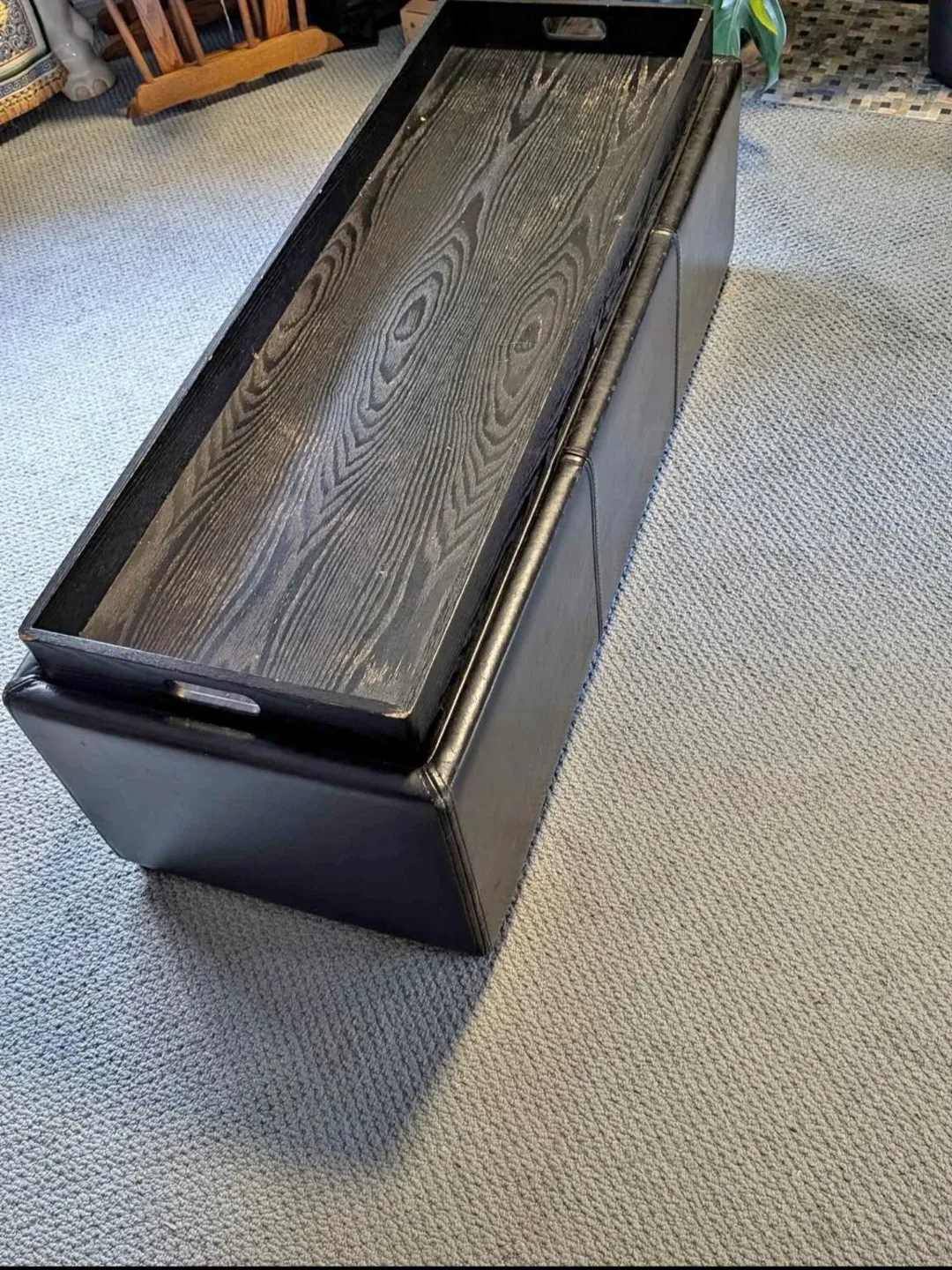 Black Faux Leather Storage Ottoman with Tray image indicator(3)