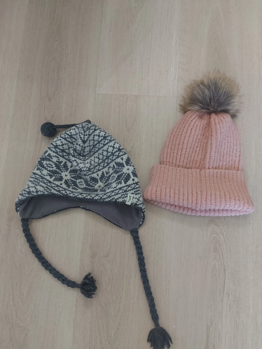 Two Winter Hats - Pink Pom Pom & Patterned