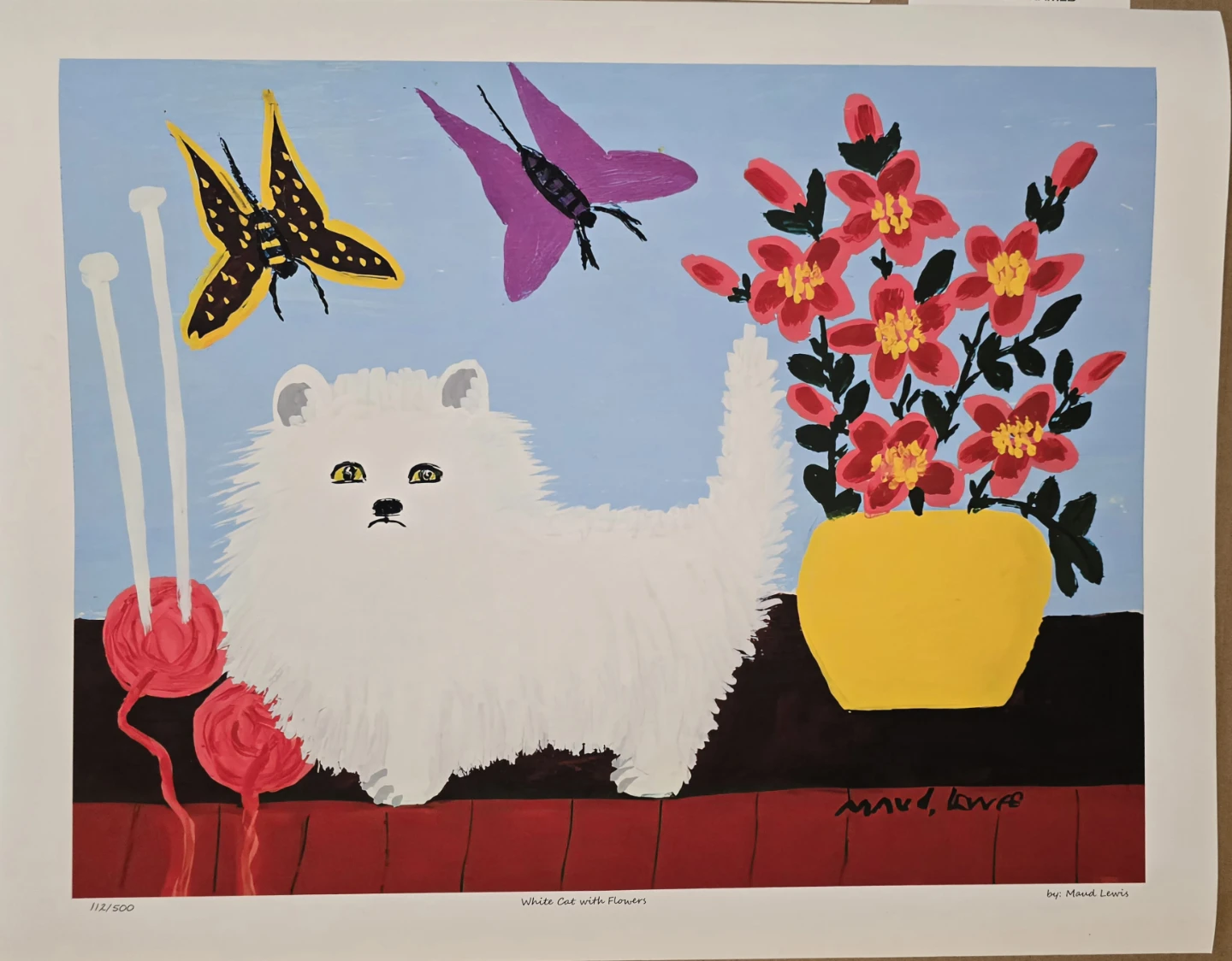 White Cat with Flowers by Maud Lewis lithograph