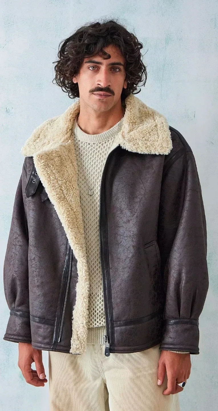 BDG Urban Outfitters Brown Faux Leather Shearling Aviator Coat image indicator(2)