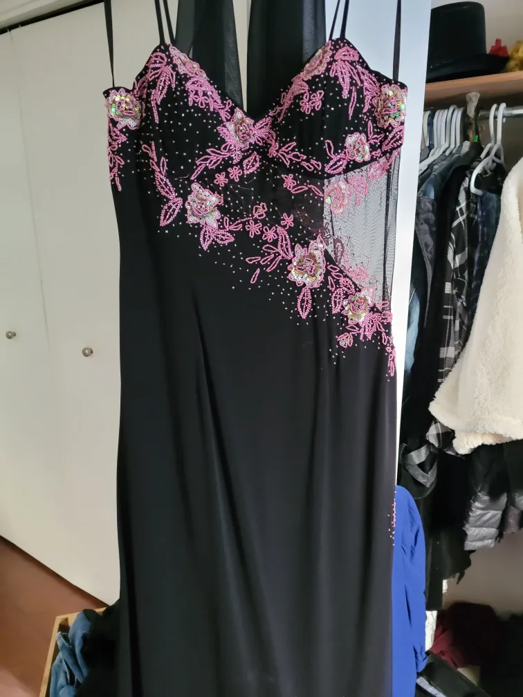 Black Formal Dress with Pink Floral Details