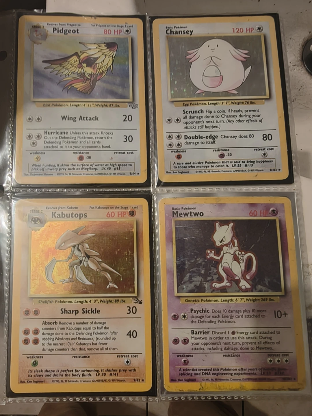Pokemon Cards: Pidgeot, Chansey, Kabutops, Mewtwo