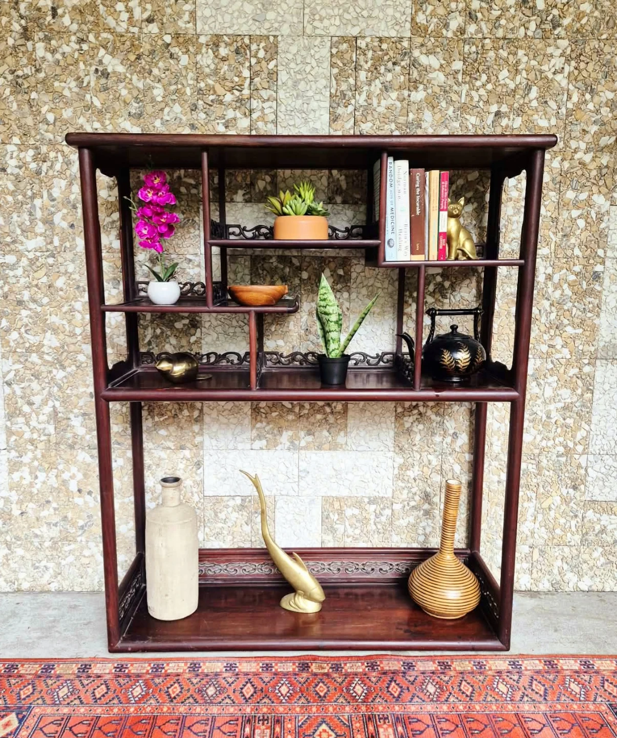 Vintage Staggered Etagere Solid Elm Wall Unit Bookshelf