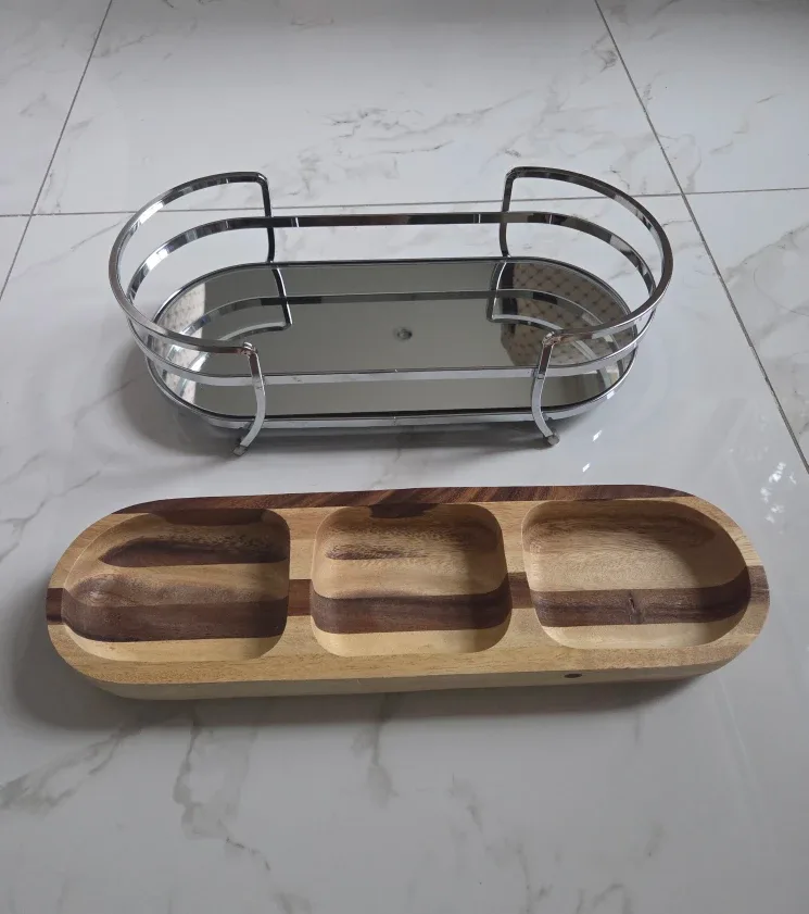 Brand new oval mirrored decor tray & wooden serving tray