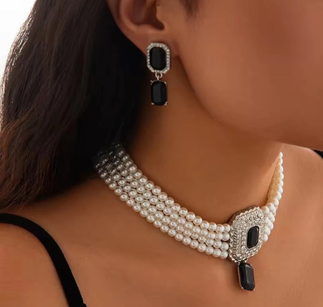 Pearl & Black Gemstone Necklace & Earrings Set