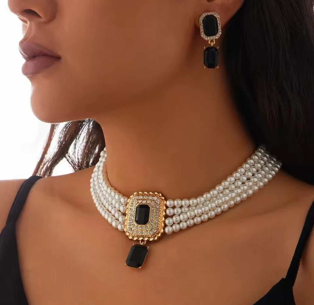 Pearl & Black Gemstone Necklace & Earrings Set - photo 2