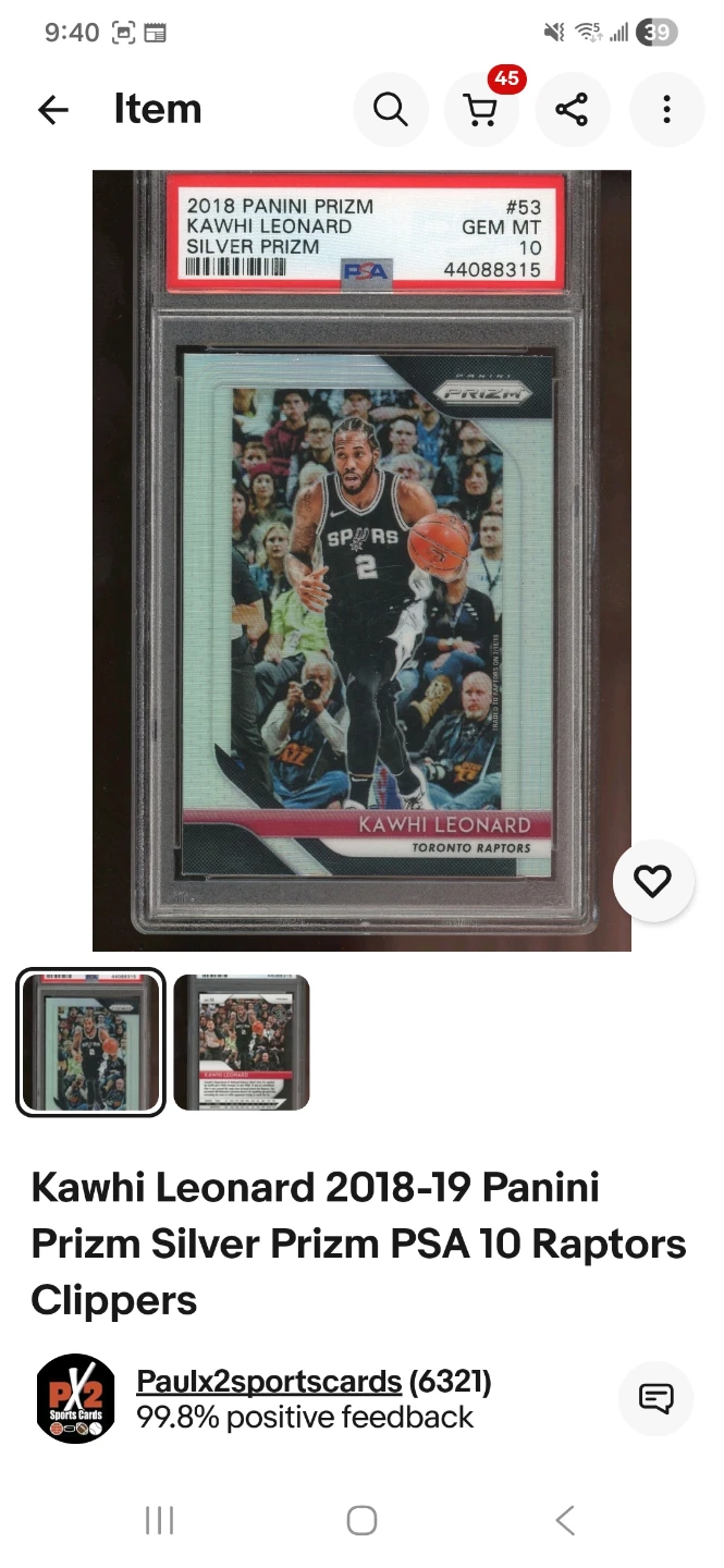 Kawhi Leonard 2018-19 Panini Prizm Silver Prizm PSA 10 - photo 3