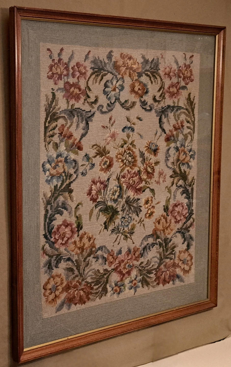 Vintage Floral Needlepoint Tapestry in Wood Frame