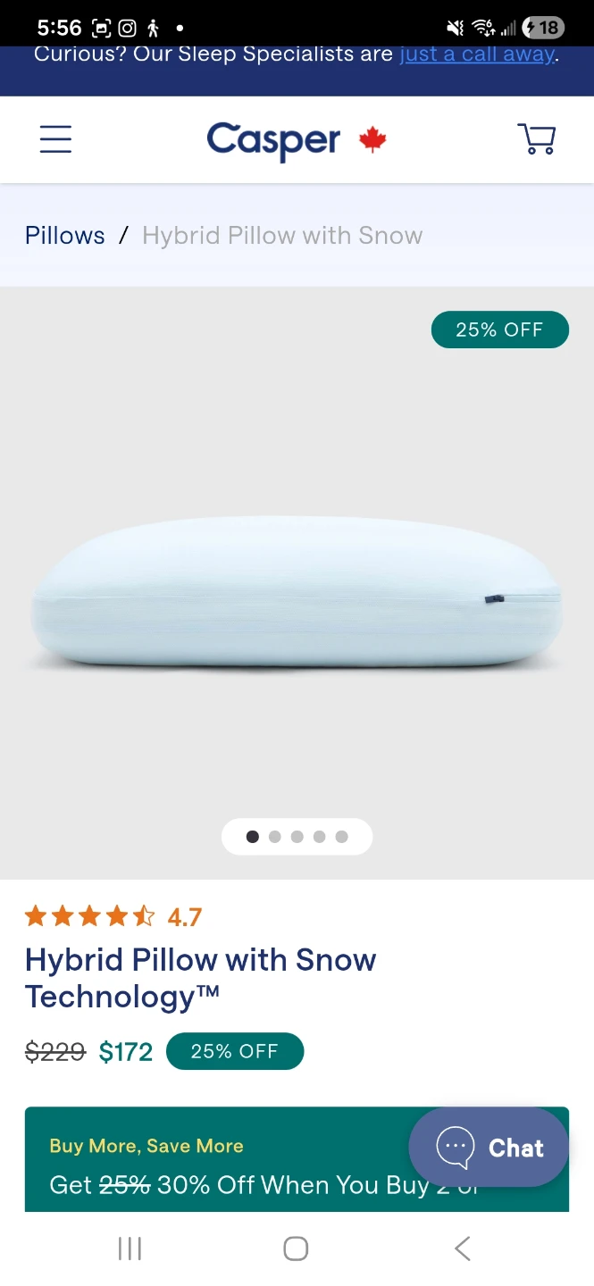 Casper Hybrid Pillow with Snow Technology - Standard