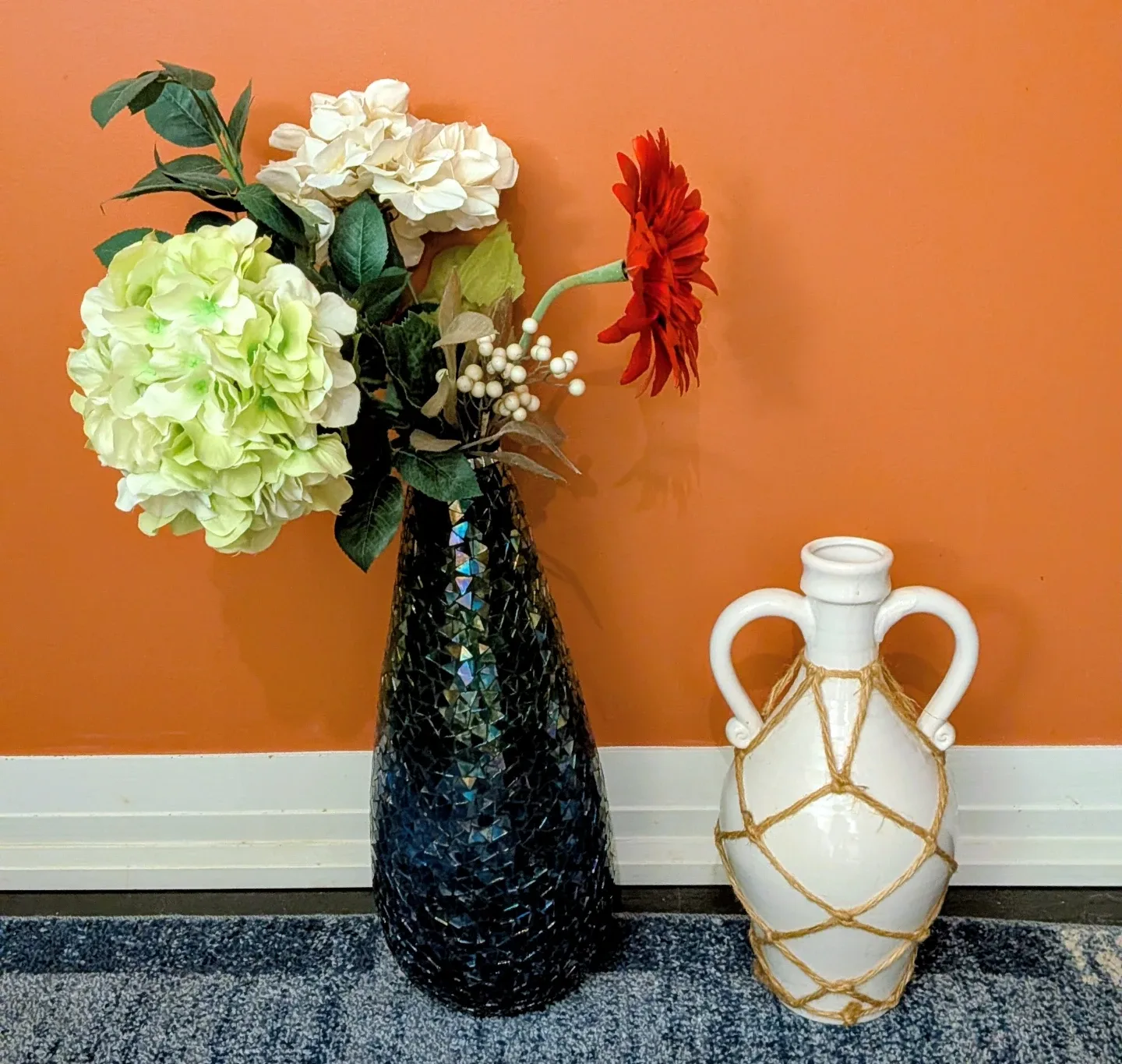 Pier 1 Tall Glass Mosaic Vase & White Greek Style Vase