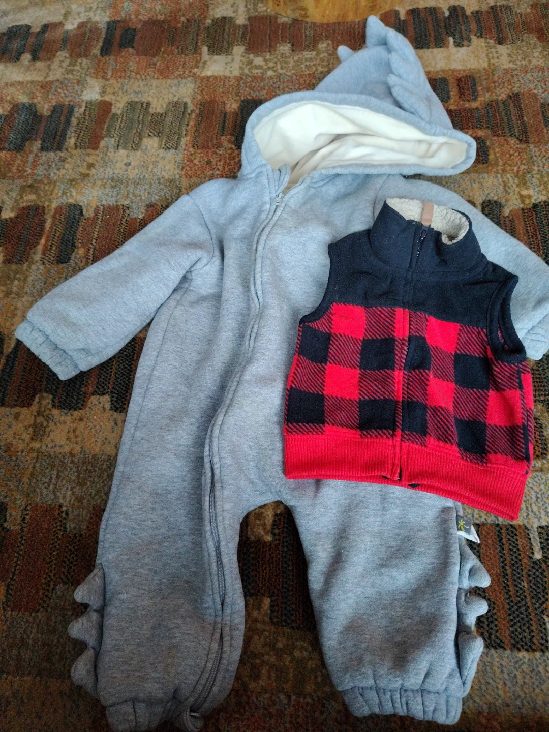 Baby Plush Dino Hoodie Onesie & Plaid Vest (3-6m)