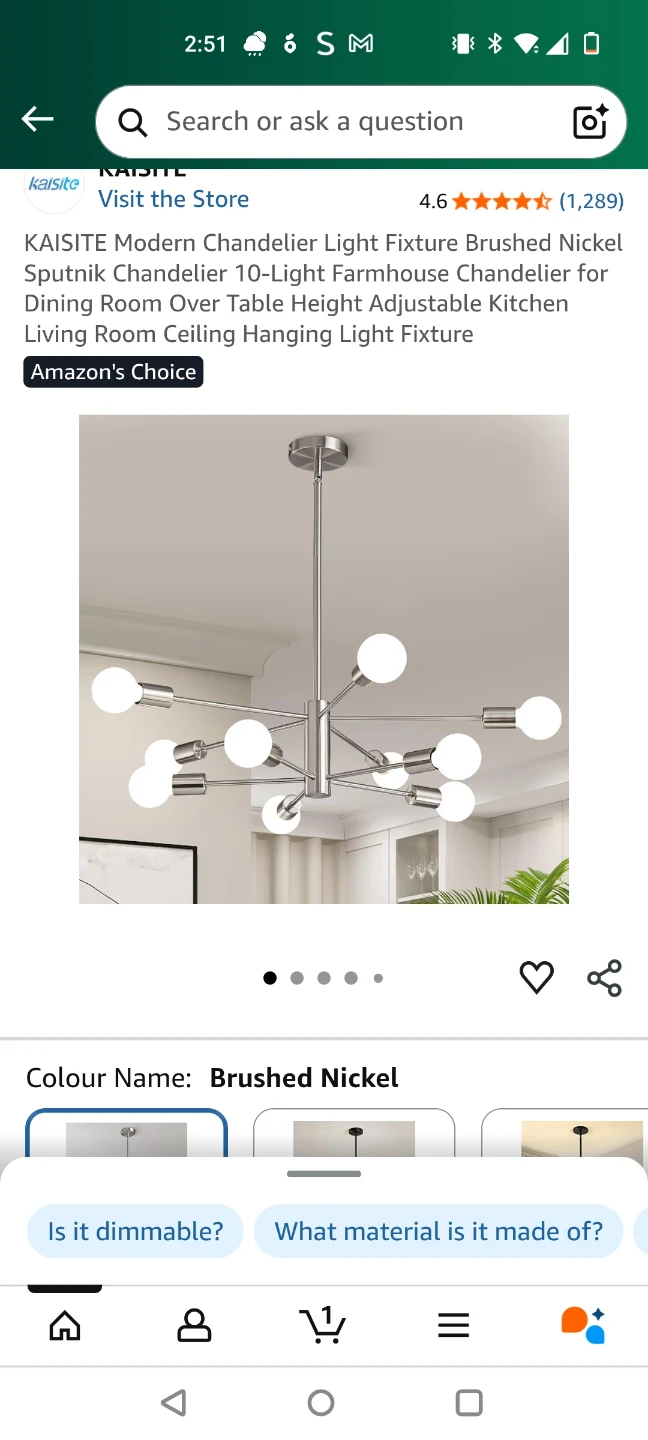 KAISITE Modern Sputnik Chandelier - Brushed Nickel