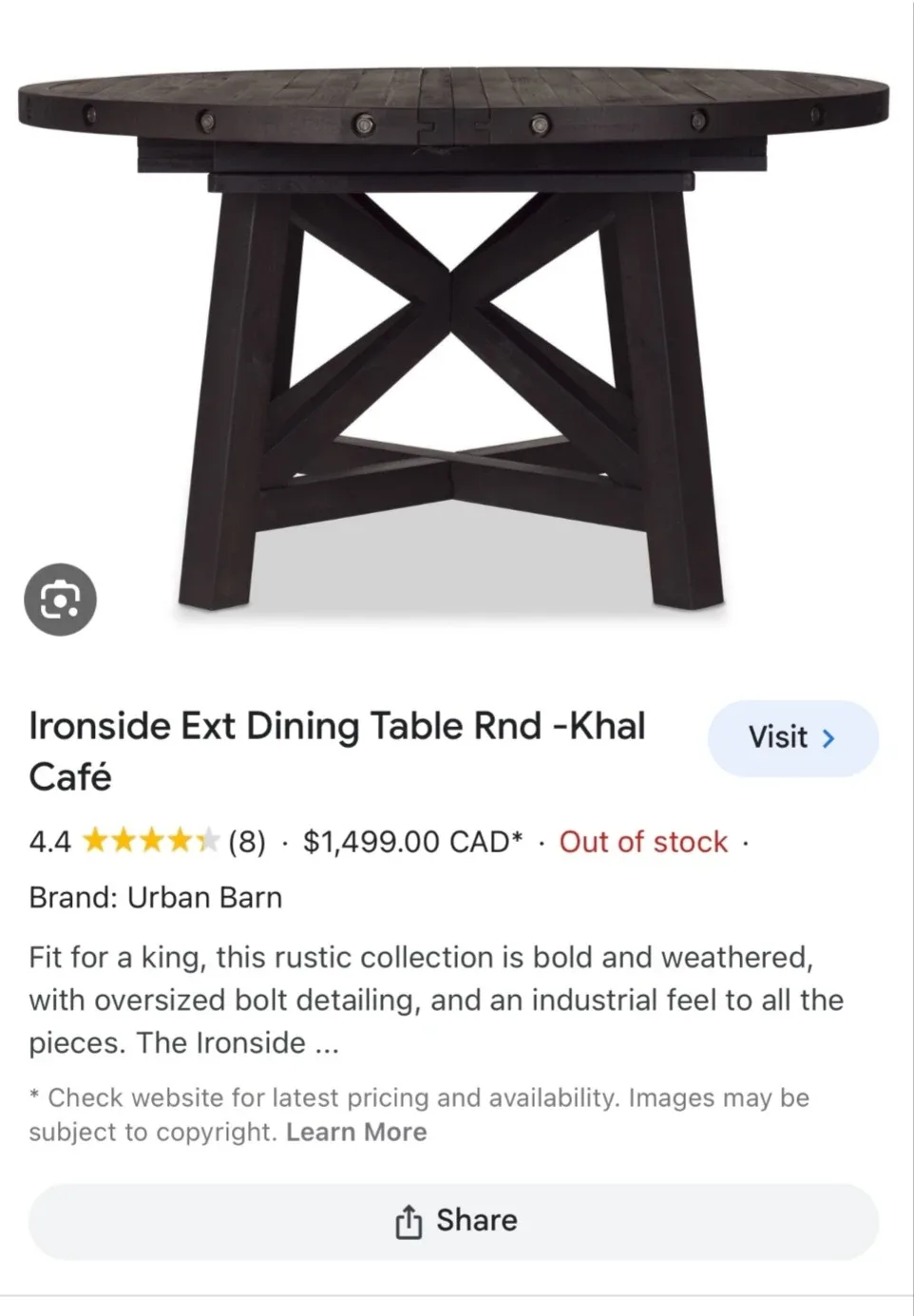 Urban Barn Ironside Dining Table