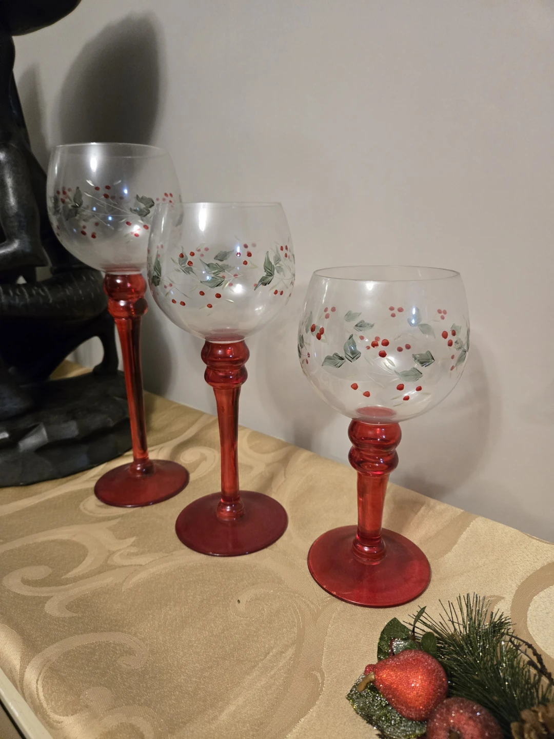 Pfaltzgraff Winterberry red stemmed glass candle holders,