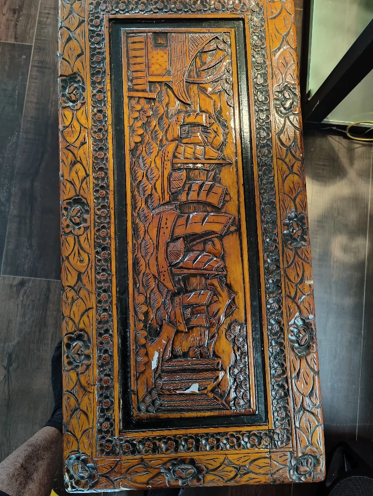 Carved Wooden Chest with Ship Design