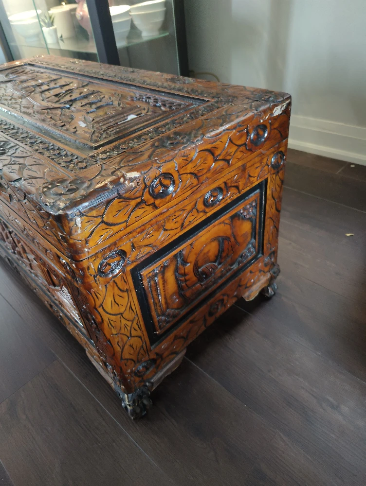 Carved Wooden Chest with Ship Design - photo 3
