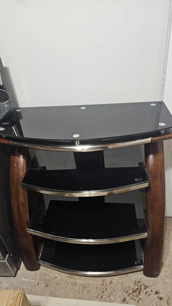 Black Glass TV Stand with Wood Accents