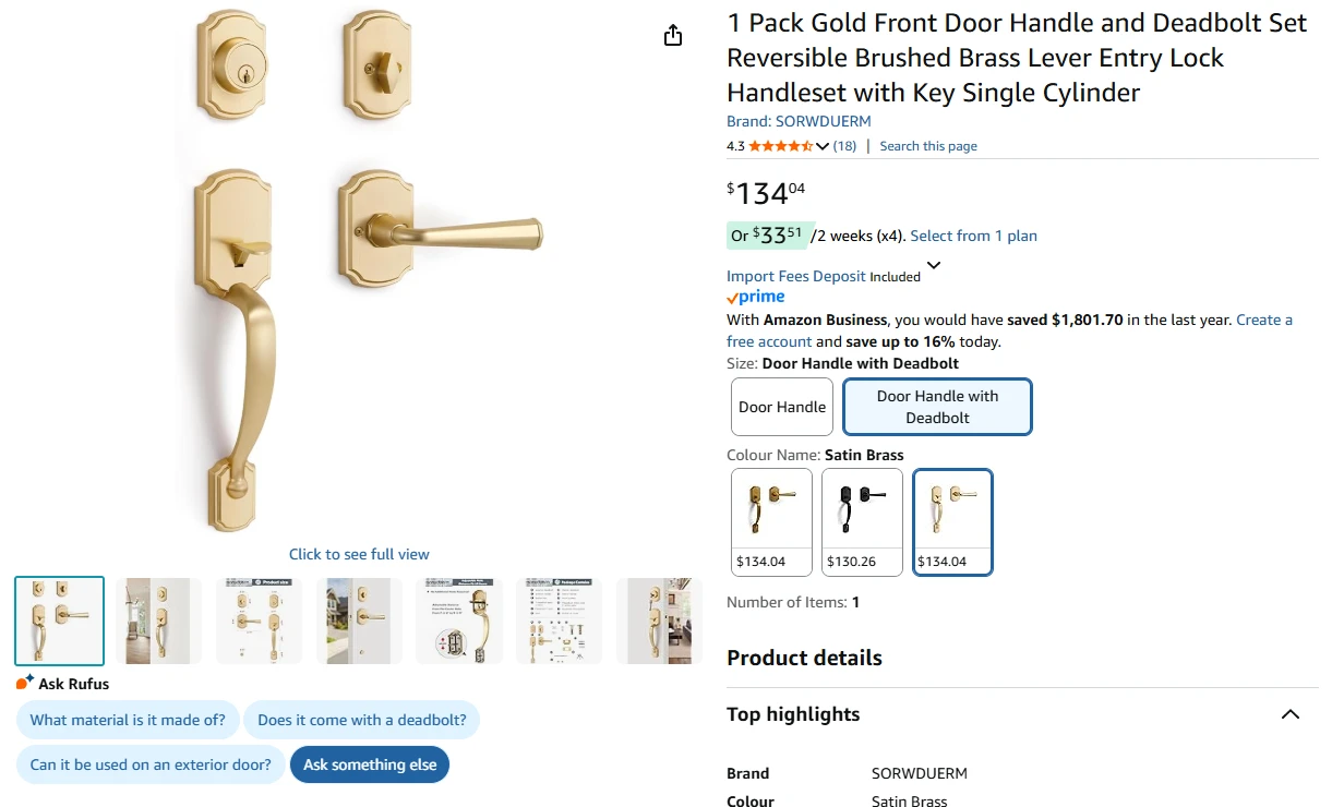 Gold Front Door Handle and Deadbolt Set BNIB - photo 2