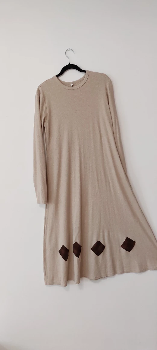 Beige Long Sleeve Dress with Brown Diamond Pattern
