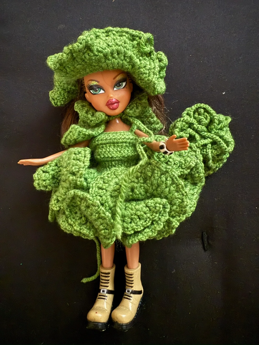 Bratz Doll with handmade crochet green dress and hat