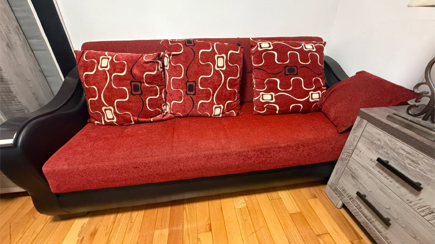 Red Loveseat Sofa with Pillows