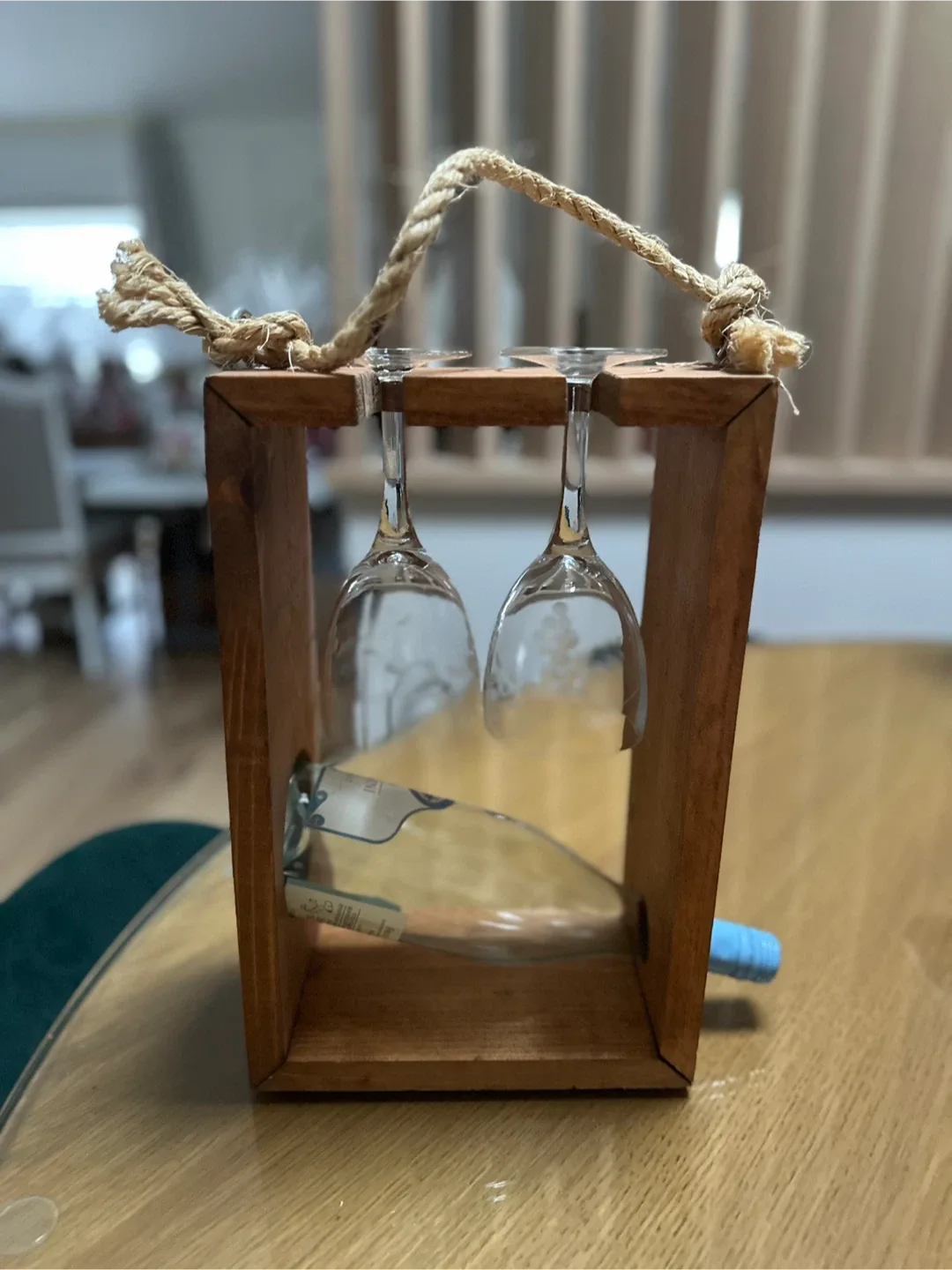 Solid wood wine bottle and pair of glasses holder