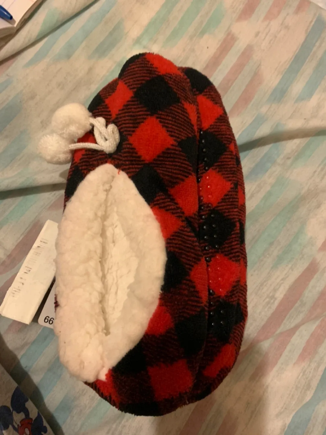 Red & Black Plaid Slippers with Pom Poms
