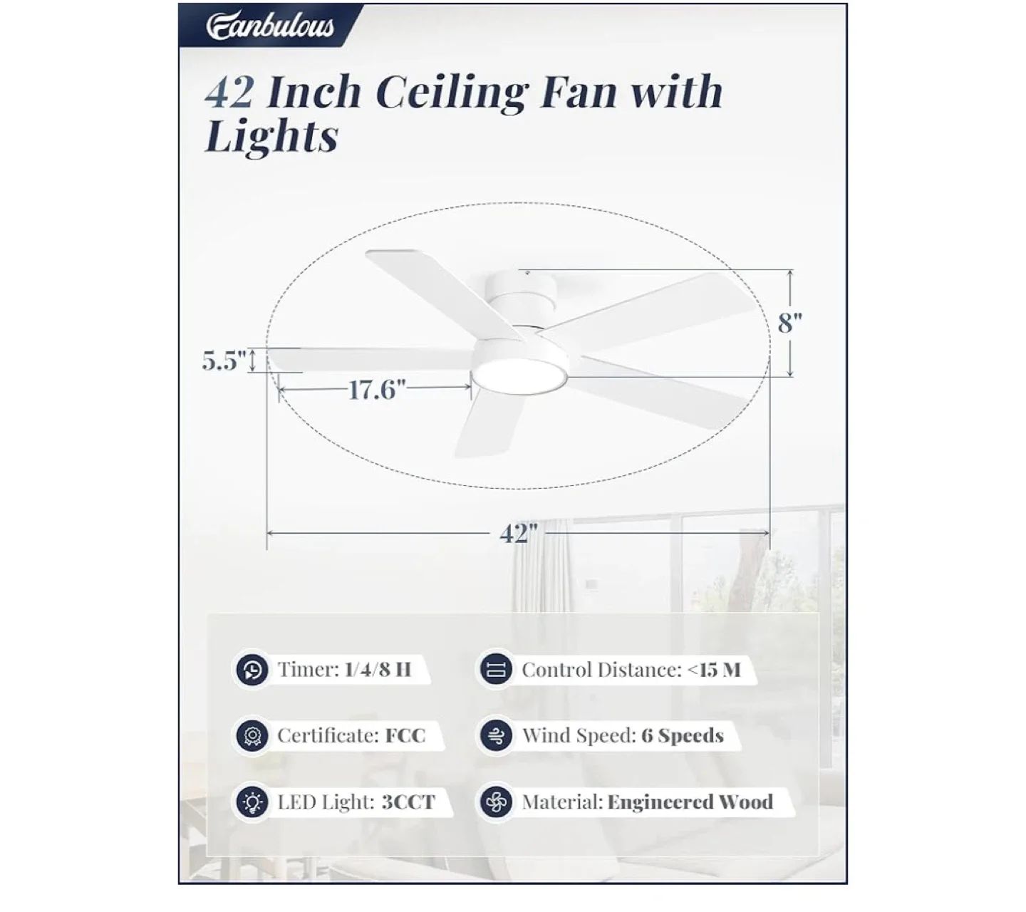 Fanbulous 42 Inch White Ceiling Fan with Lights image indicator(5)