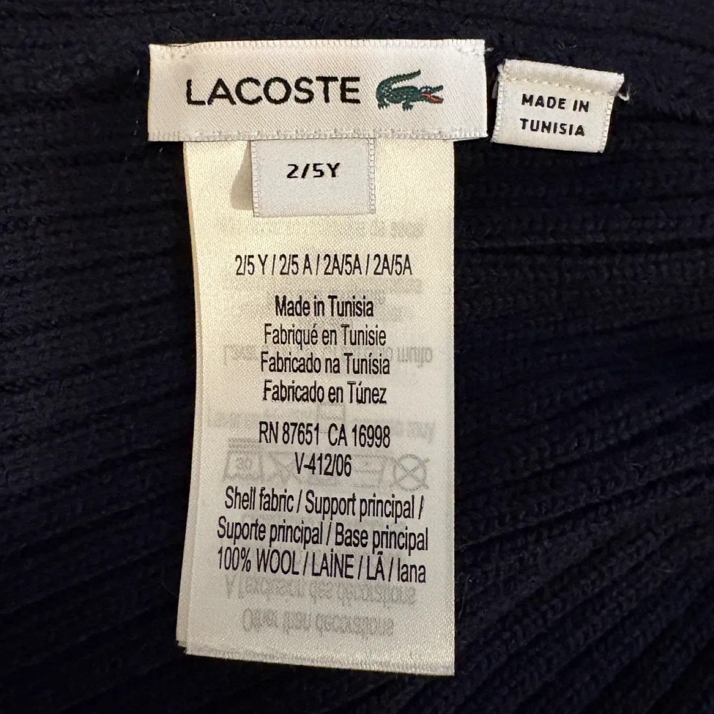 Lacoste Kids Navy Blue Rib Knit Wool Logo Beanie Hat Size 2/5Y image indicator(5)