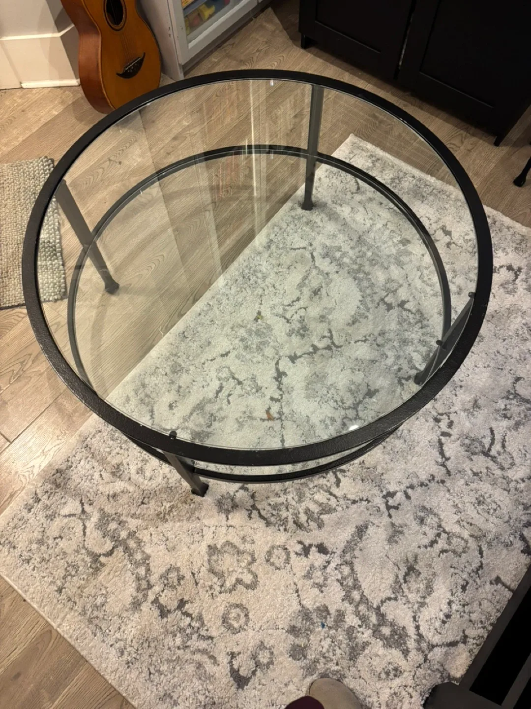 Pottery Barn Round Glass Coffee Table - Black Frame