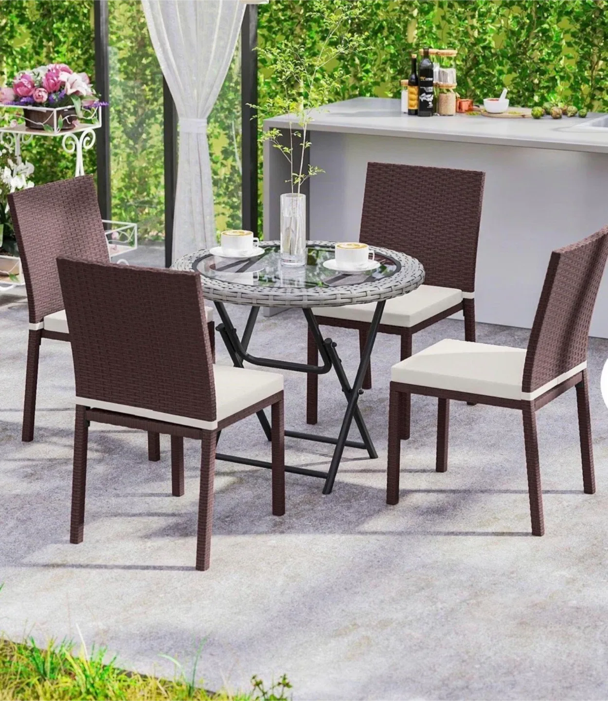 Set of 4 Brown Wicker Dining Chairs
