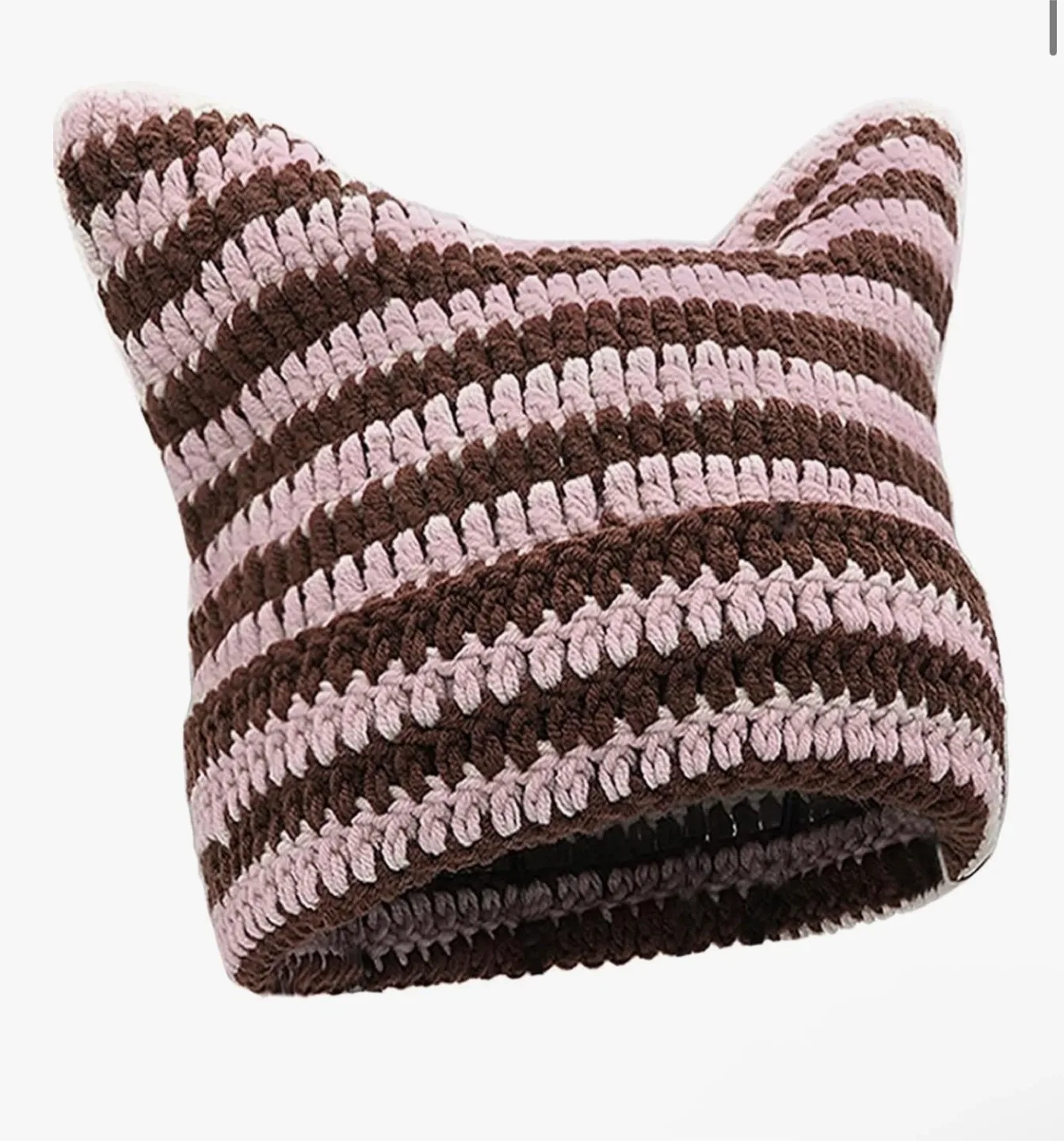Handmade Crochet Cat Ear Beanie - Pink & Brown
