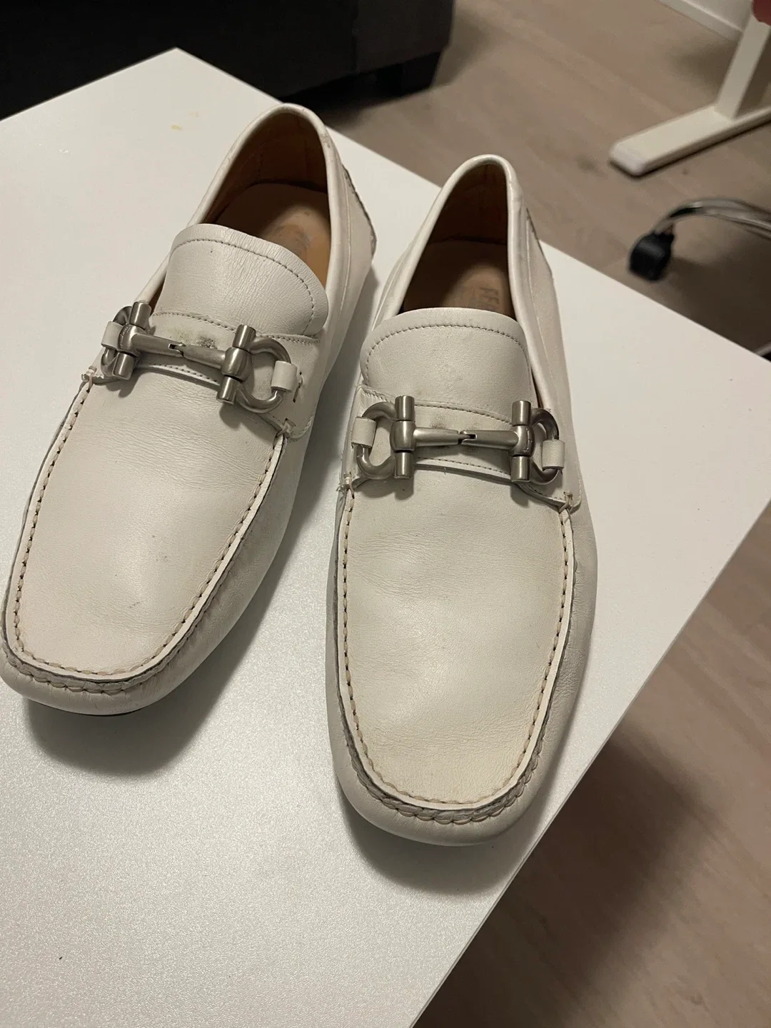 Salvatore Ferragamo White Leather Loafers Size 11