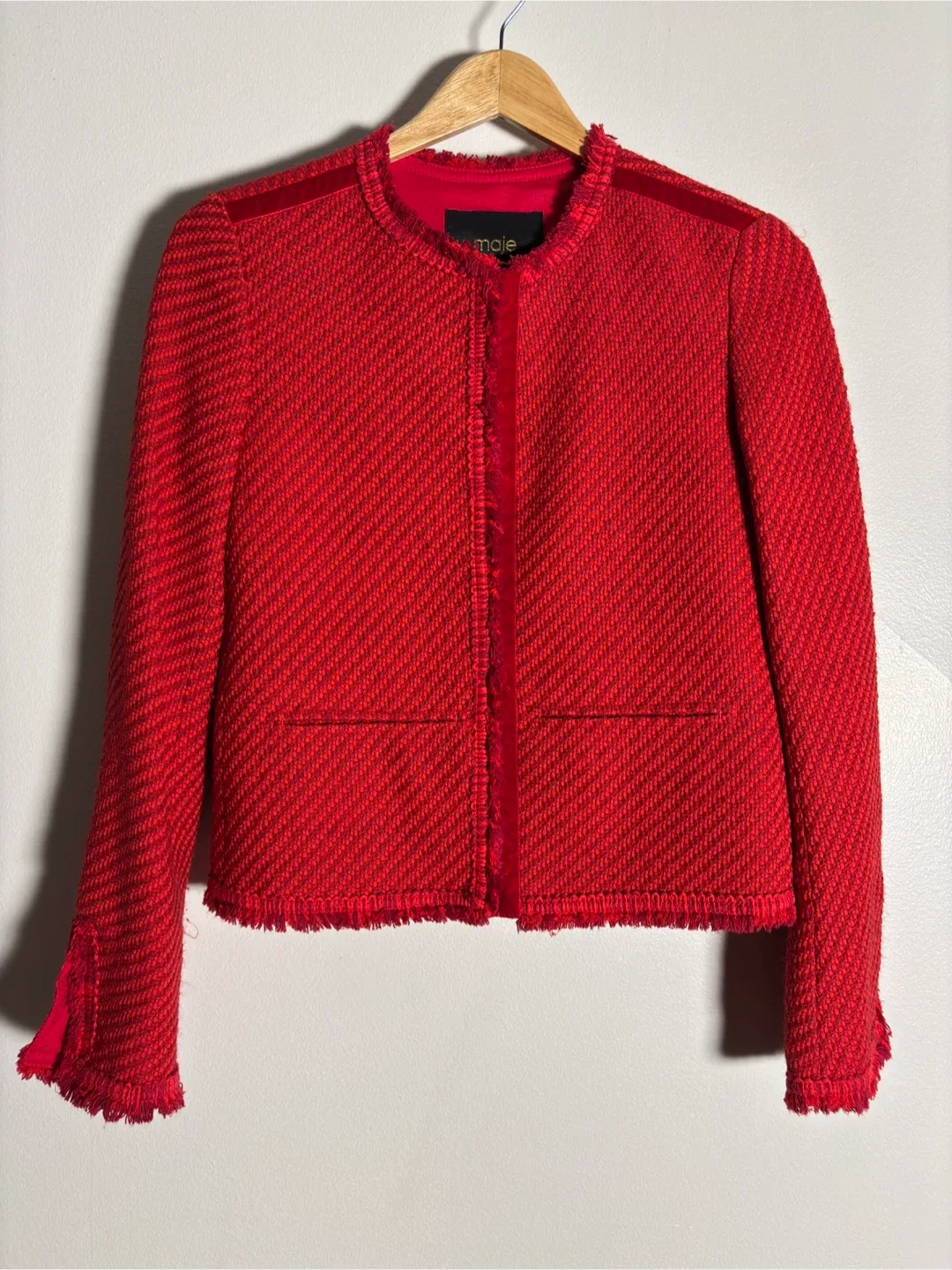 Maje Red Fringed Cropped Tweed Jacket - Best Chance!