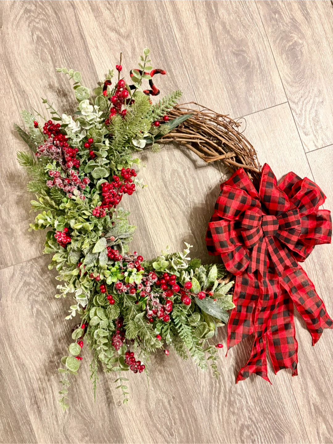 Handmade Holiday Wreath w/ Buffalo Plaid Bow
