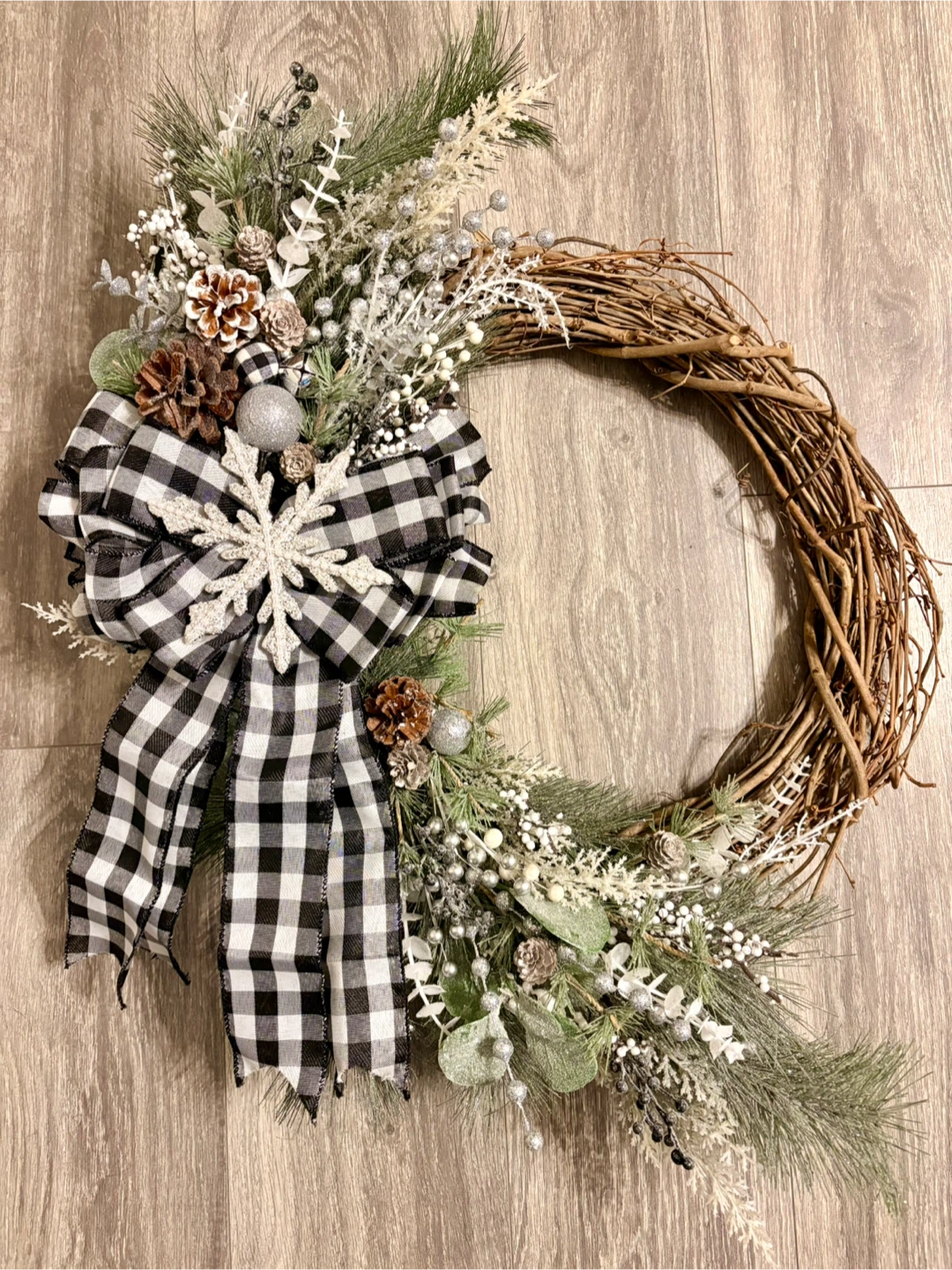 Handmade Winter Wreath with Buffalo Check Bow - photo 2