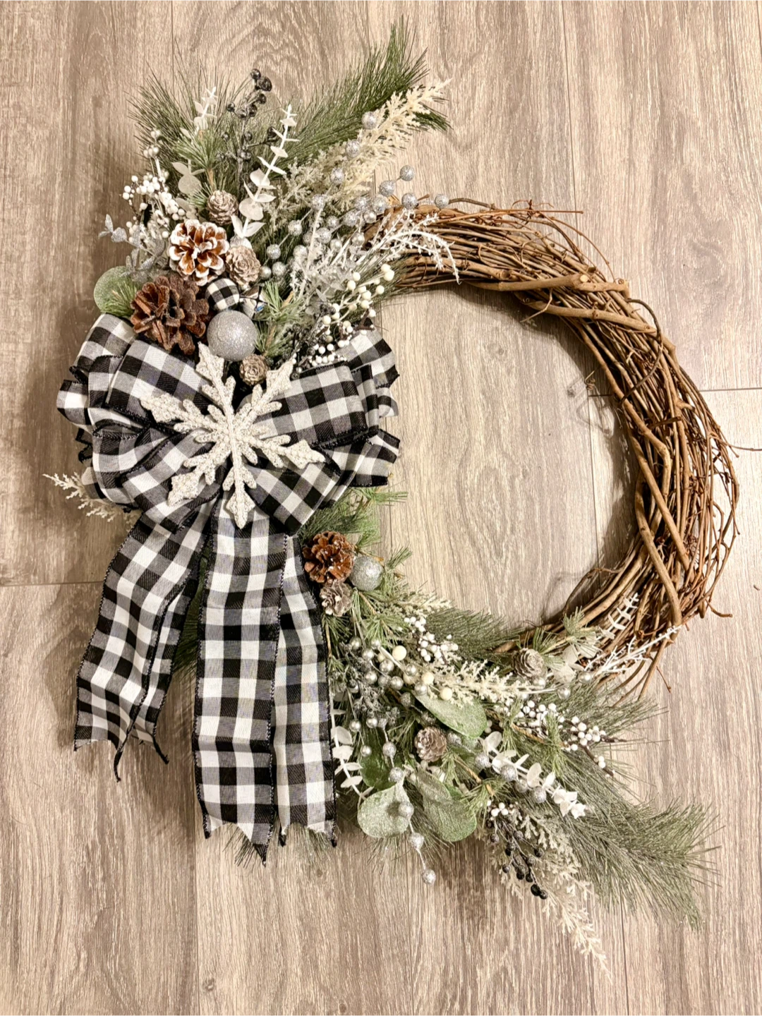 Handmade Winter Wreath with Buffalo Check Bow