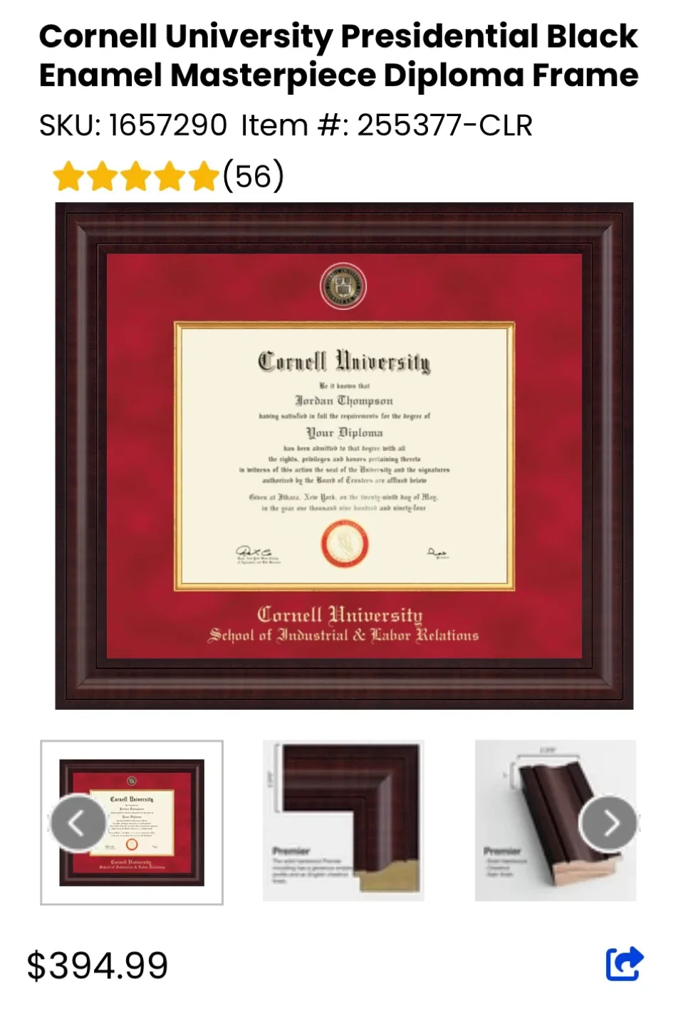 Cornell University Diploma Frame