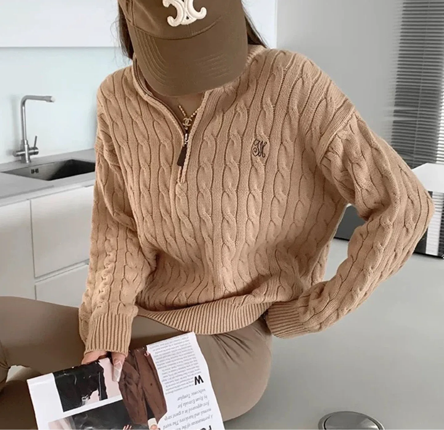 New Beige Cable Knit Quarter-Zip Sweater